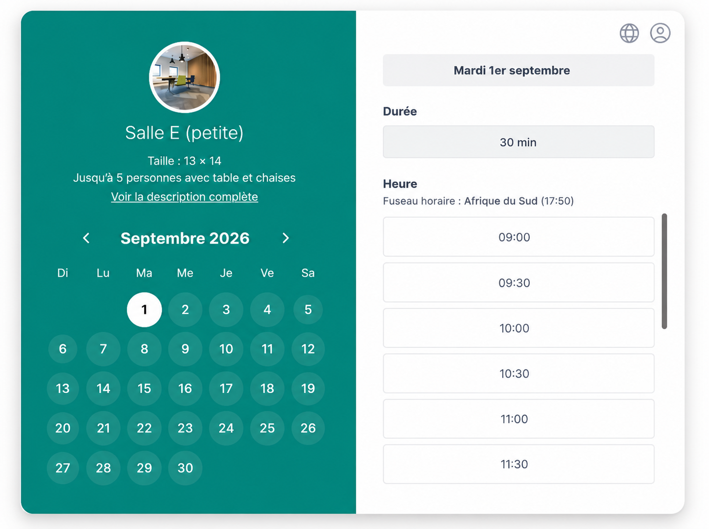 page de réservation pour la location d’une salle, créée avec Koalendar, le meilleur logiciel de planification de ressources